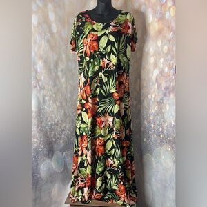 Attitudes by Renee Black Tropical Cap Sleeve Como Jersey Maxi Dress size L